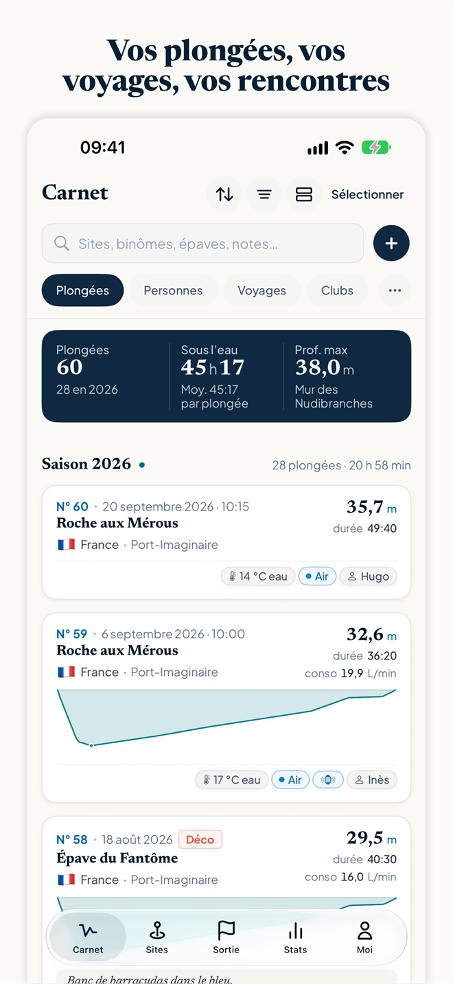 Capture d’écran de Divefolio : le Carnet : la liste des plongées par saison