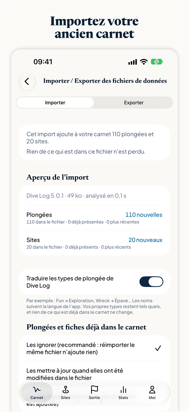 Capture d’écran de Divefolio : l’aperçu de l’import d’un carnet