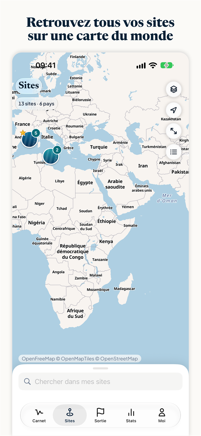 Capture d’écran de Divefolio : la carte des sites de plongée