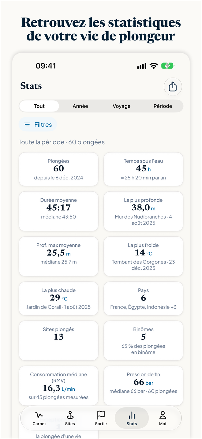 Capture d’écran de Divefolio : les statistiques