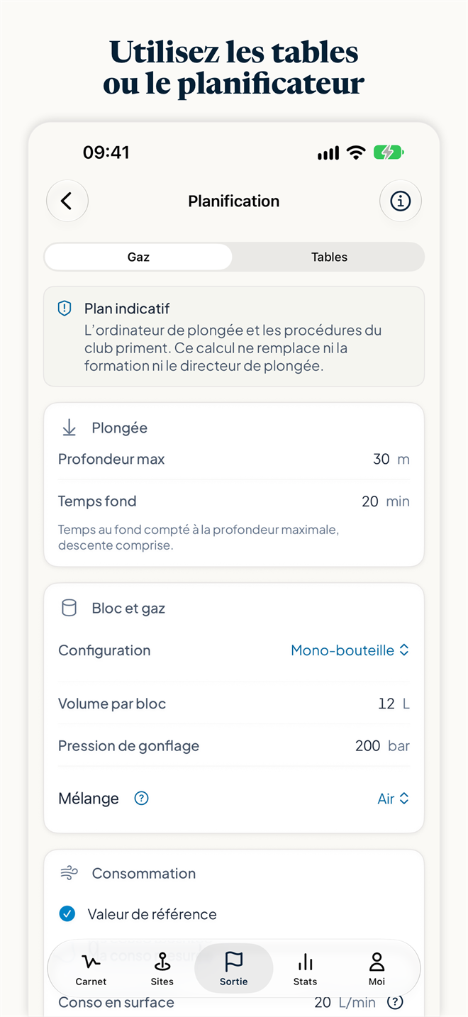 Capture d’écran de Divefolio : le planificateur de gaz