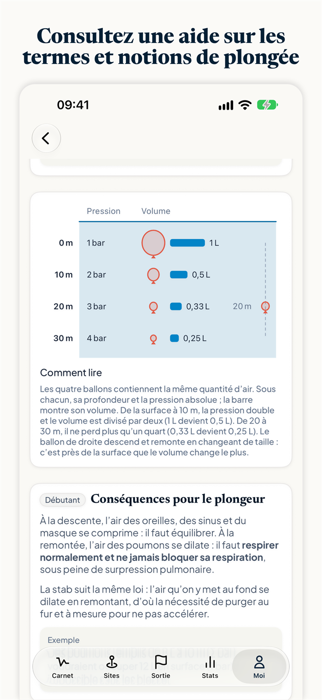 Capture d’écran de Divefolio : les pages d’apprentissage