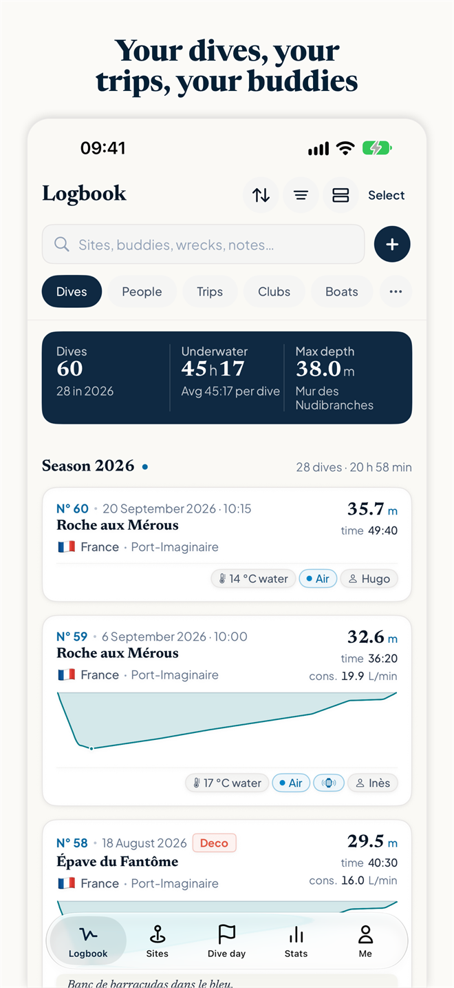 Divefolio screenshot: the Logbook: the list of dives by season