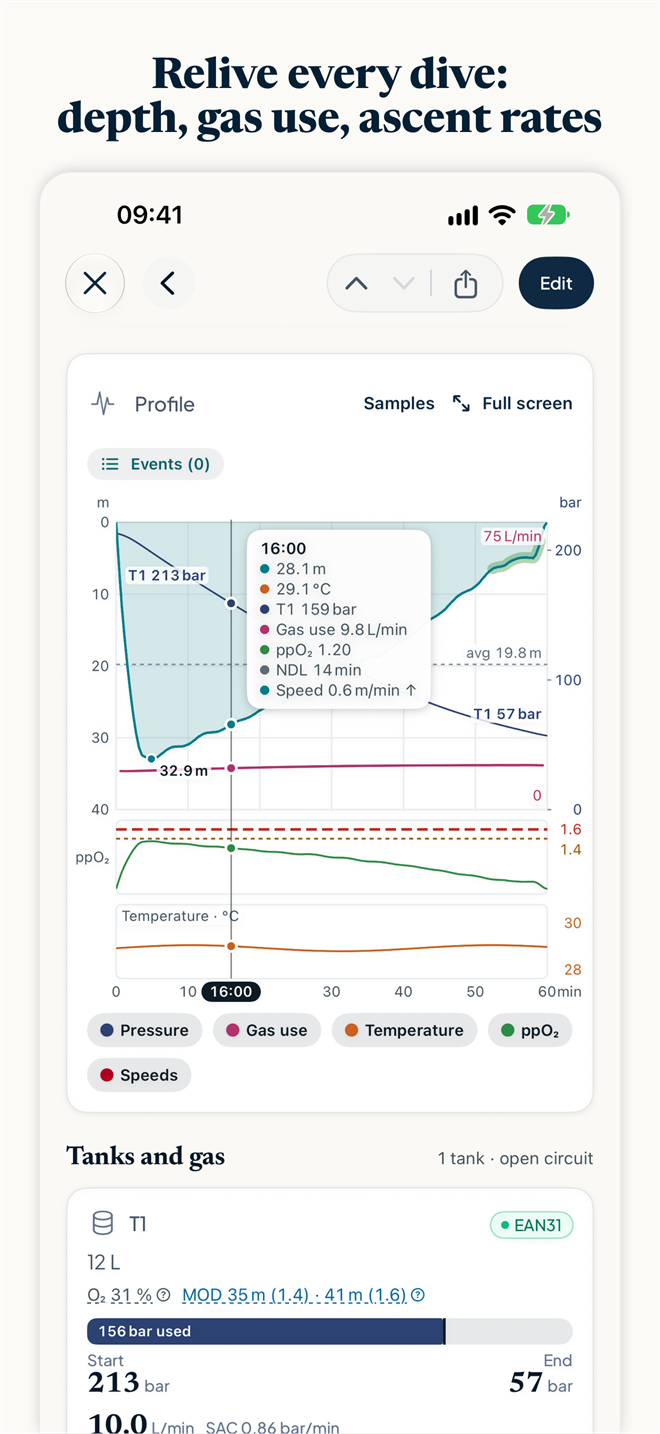 Divefolio screenshot: a dive sheet with its profile