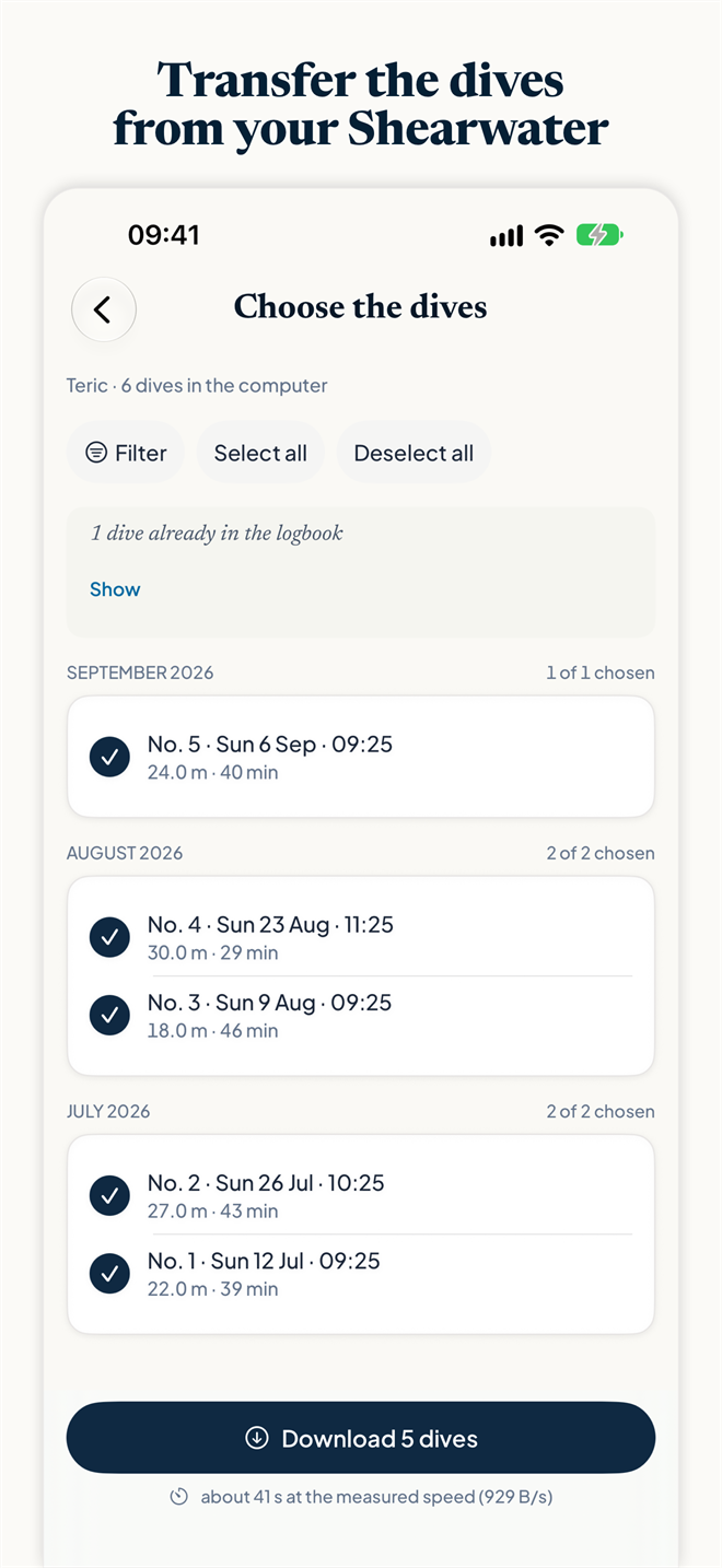 Divefolio screenshot: bluetooth download from a Shearwater computer