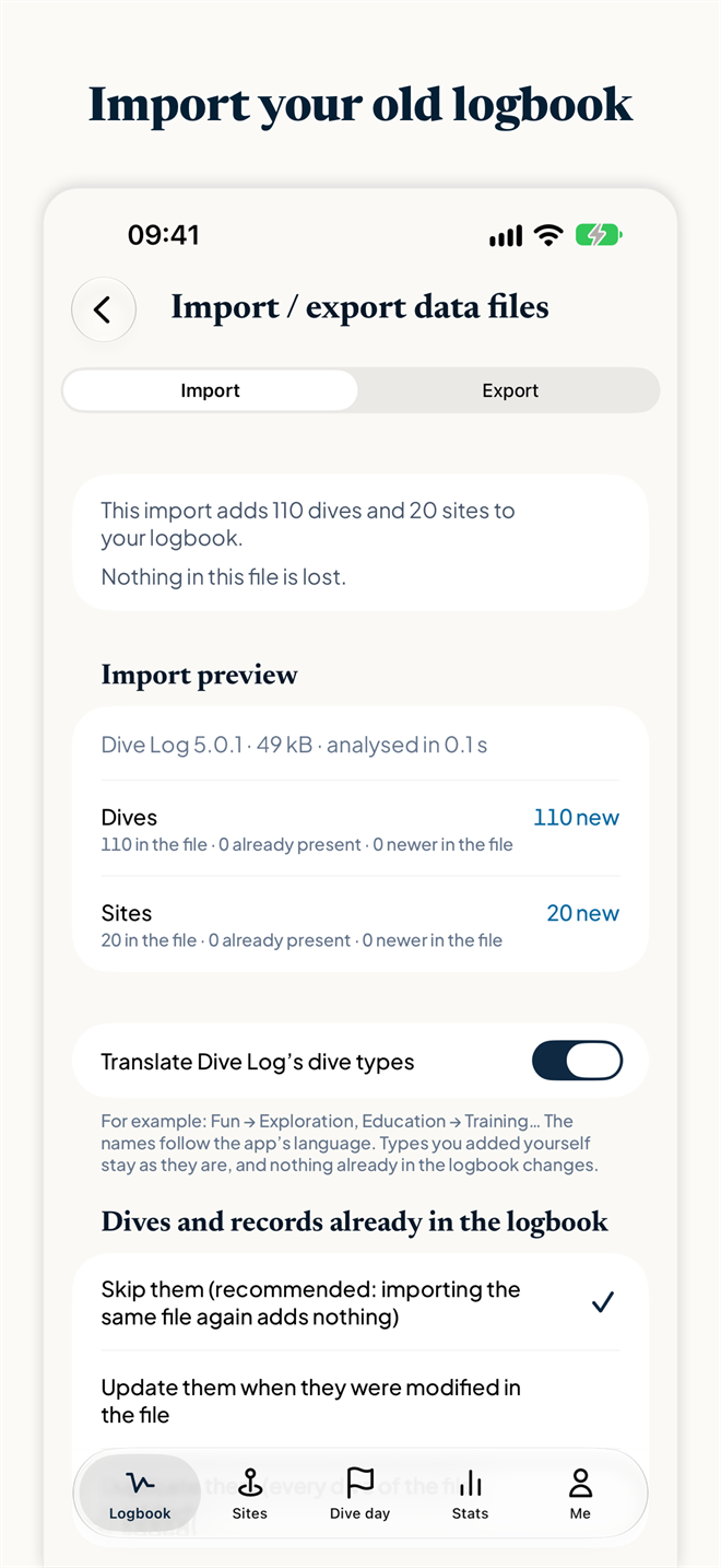 Divefolio screenshot: the import preview of a logbook