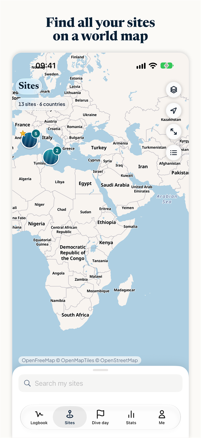 Divefolio screenshot: the dive sites map