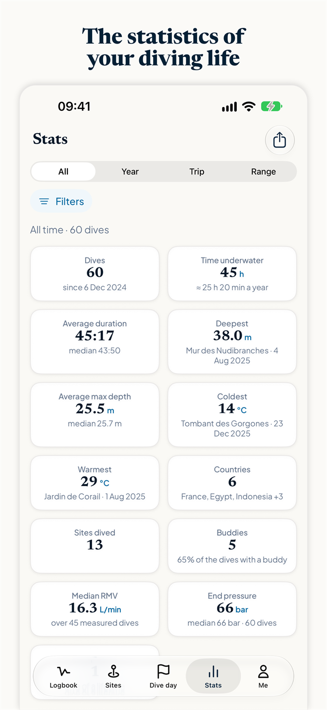 Divefolio screenshot: statistics