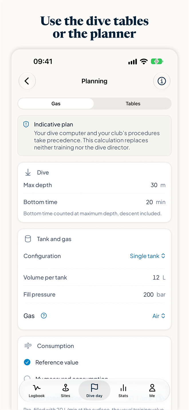 Divefolio screenshot: the gas planner