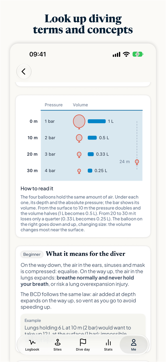 Divefolio screenshot: the learning pages